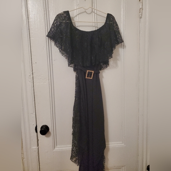 Shein Plus Off Shoulder Contrast Lace Ruffle Trim Belted Dress - Picture 3 of 7